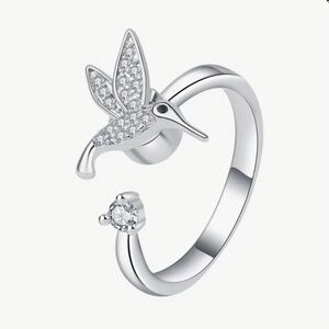 Shimmering Spinning Hummingbird Ring, CZ stones and silver tone, adjustable